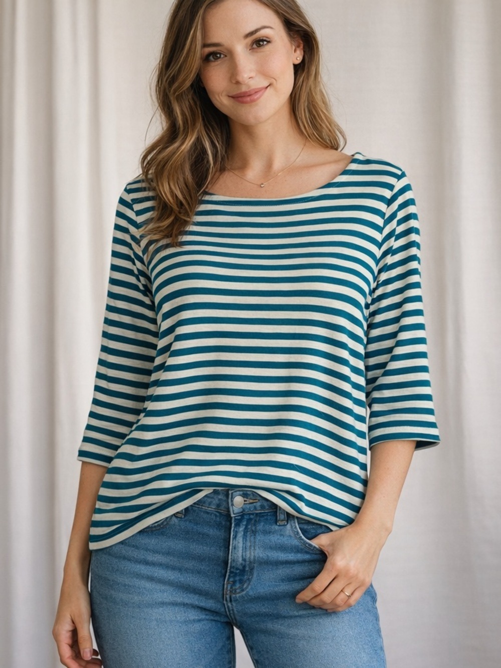 Lands End Womens Striped Boat Neck Pima Cotton Top Shirt Size XL Nautical Preppy